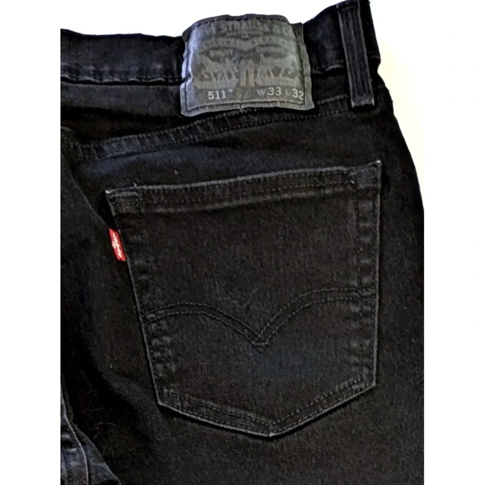 Levis 511 Slim Fit Mens Jeans Black Denim Size 33x32 Solid Dark Wash Pants